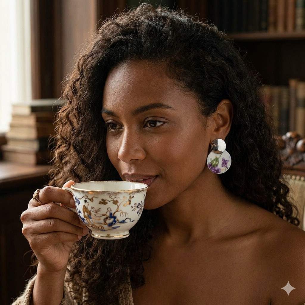Aros porcelana inglesa, redondos, con diseño de violetas