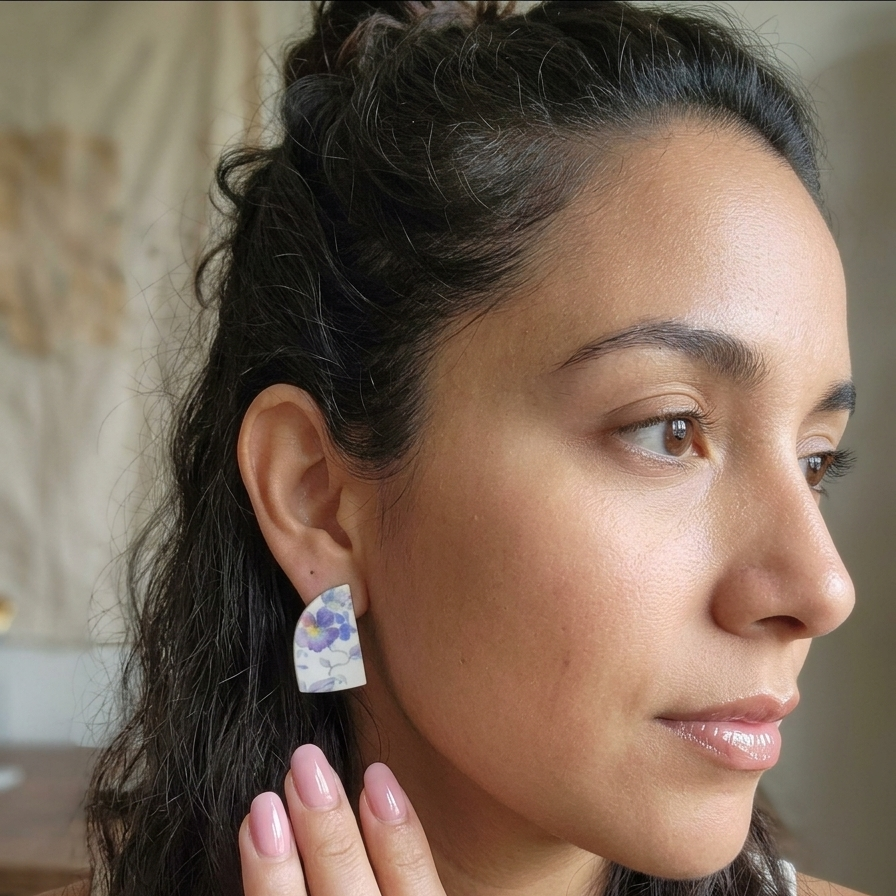 Aros stud trozos de porcelana flores azules.