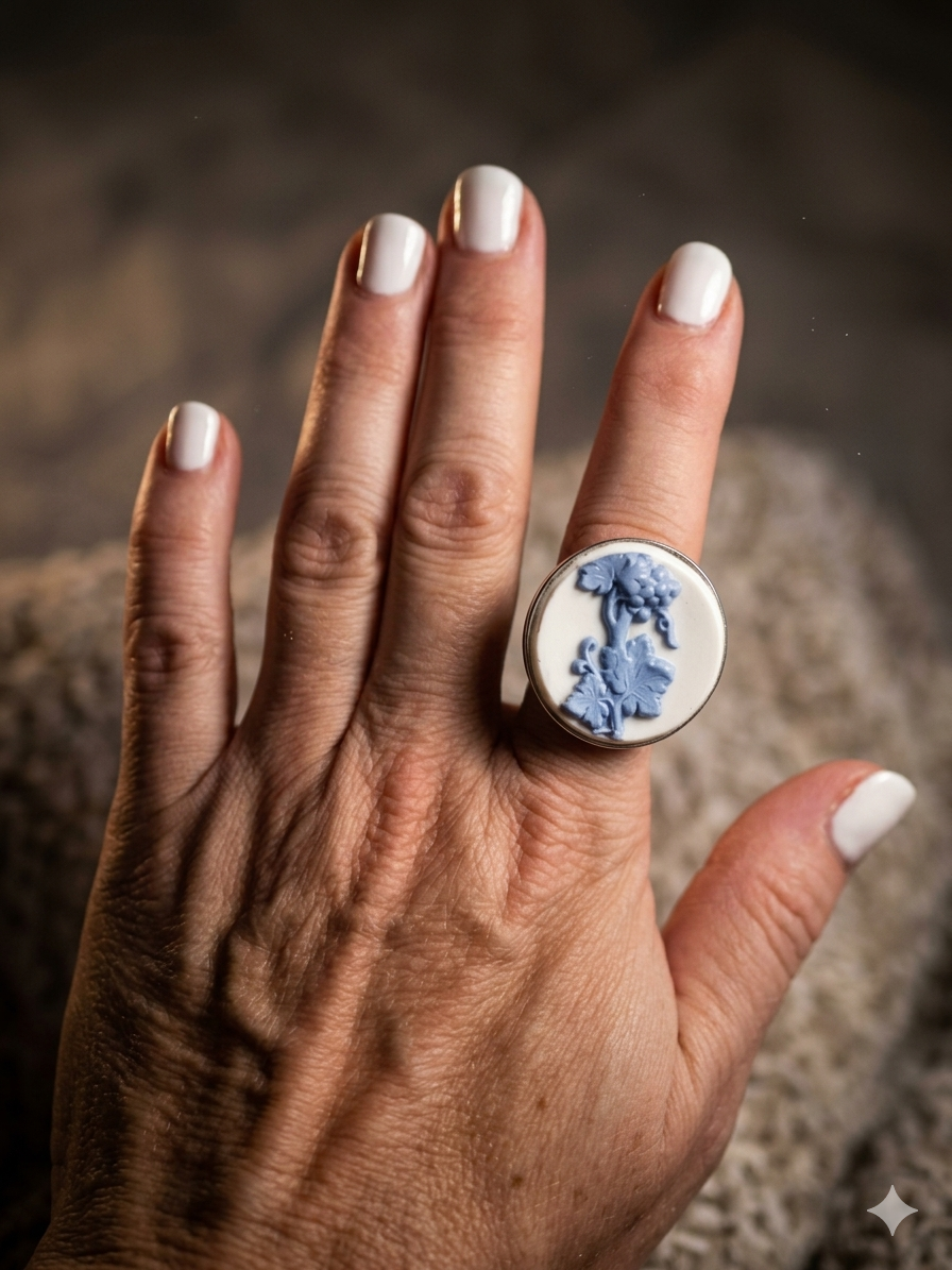 Anillo con trozo de cerámica jasperware, relieves celestes.