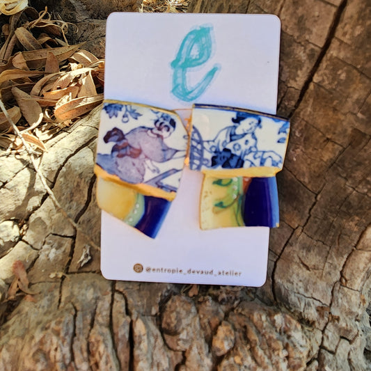 Aros hechos con trozos reutilizados de dos porcelanas, usando técnica de restauración kintsugi