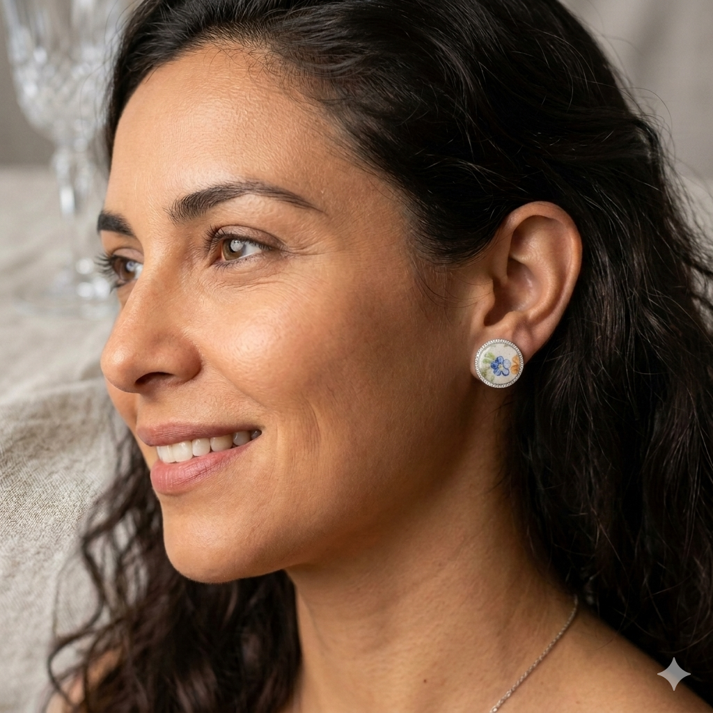 Aretes stud, porcelana flores encapsulada