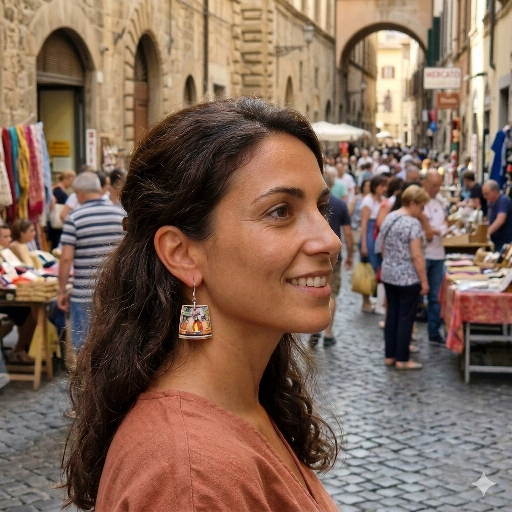 Aros hechos con trozos rescatados desde cerámica inglesa, con ilustraciones hechas a mano