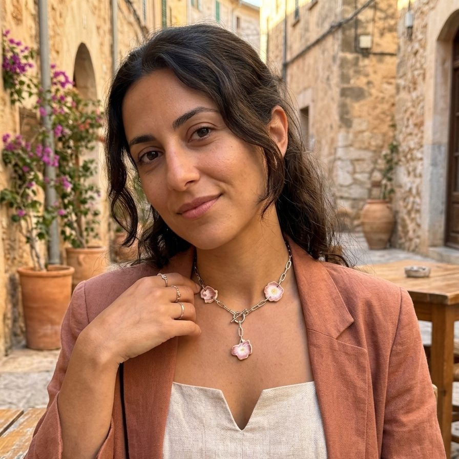 Collar con trocitos rescatados de cerámica, diseño flores y cadena de acero