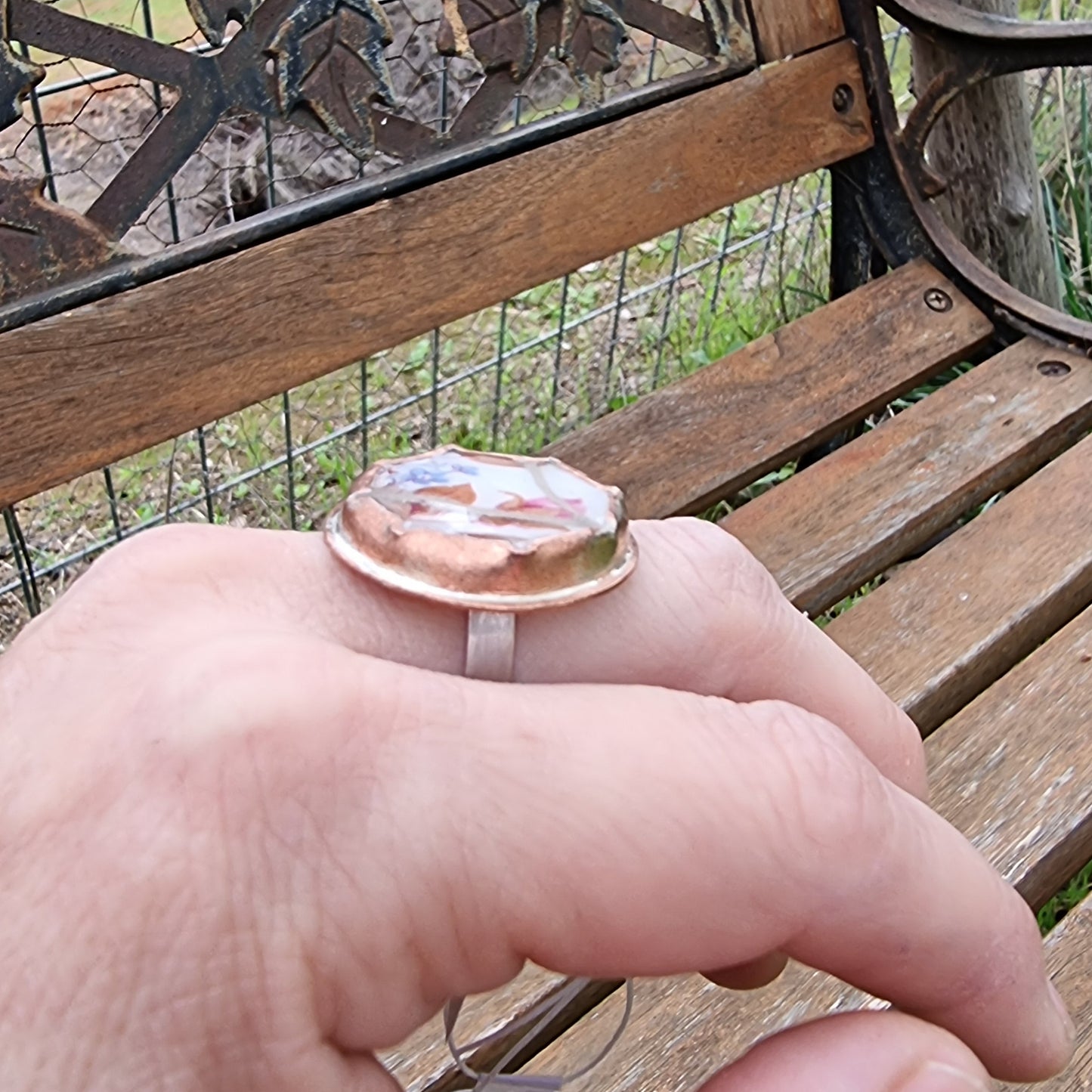 Anillo de cobre y plata, botón de rosa